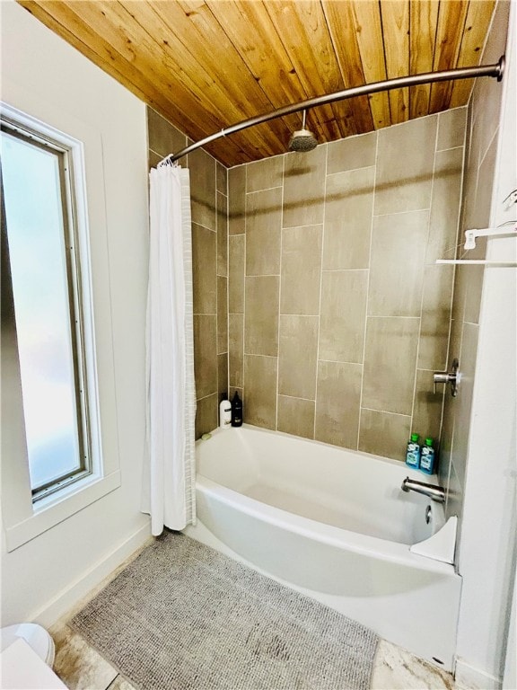 bathroom with toilet, tile patterned floors, shower / bath combo with shower curtain, and wooden ceiling