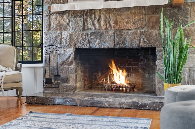 room details featuring a fireplace and hardwood / wood-style flooring