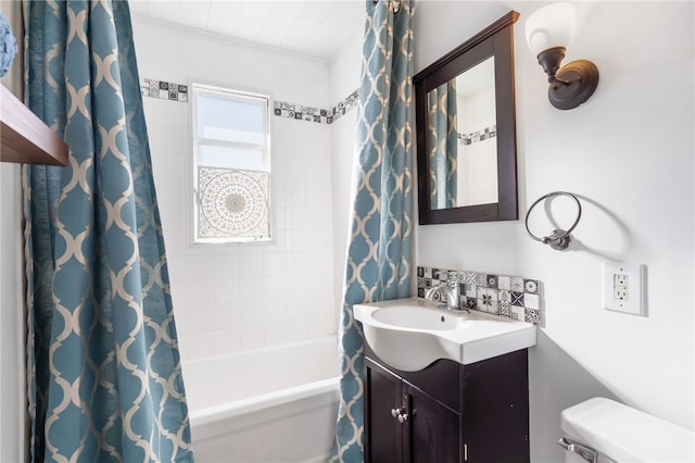 full bathroom featuring vanity, toilet, shower / bathtub combination with curtain, and crown molding