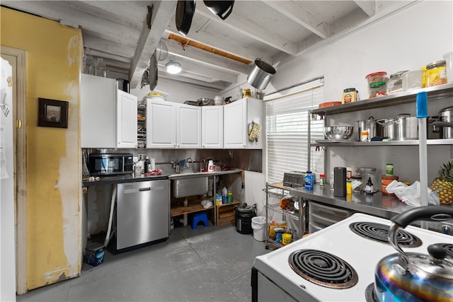 kitchen featuring stainless steel dishwasher, electric range, and white cabinetry