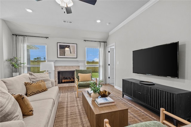 living room with a tile fireplace, hardwood / wood-style floors, and a healthy amount of sunlight