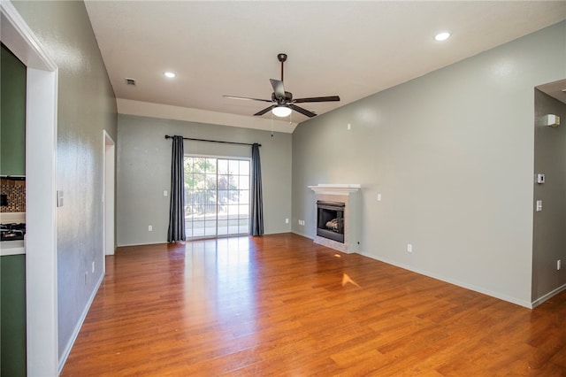 unfurnished living room with light hardwood / wood-style floors and ceiling fan