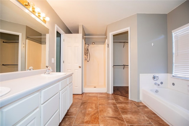 bathroom with vanity and separate shower and tub