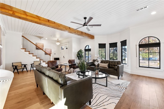 living room with ceiling fan, ornamental molding, light hardwood / wood-style floors, wooden ceiling, and beamed ceiling