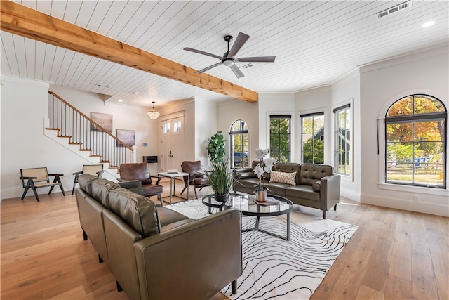 living room with ornamental molding, ceiling fan, wood ceiling, beam ceiling, and light hardwood / wood-style flooring