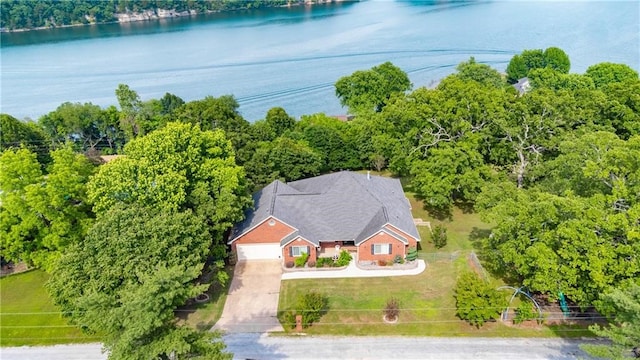 drone / aerial view featuring a water view