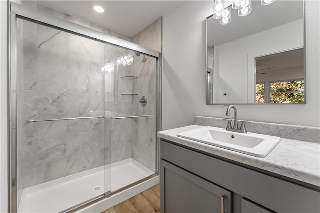 bathroom with vanity, hardwood / wood-style floors, and a shower with shower door