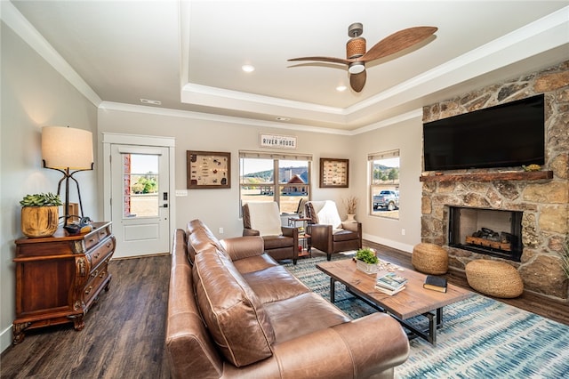 living room with a stone fireplace, a raised ceiling, ceiling fan, crown molding, and dark hardwood / wood-style floors