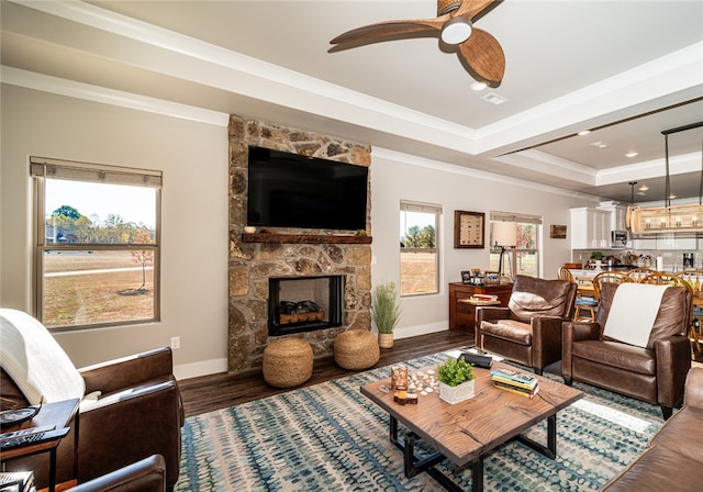 living room featuring a raised ceiling, ceiling fan, dark hardwood / wood-style flooring, ornamental molding, and a fireplace