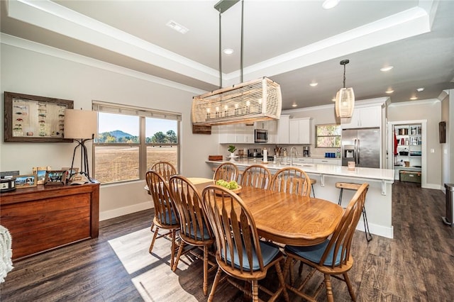 114 Ledgewood, Berryville, AR 72616 - dining space with dark wood finished floors, baseboards, ornamental molding, and recessed lighting