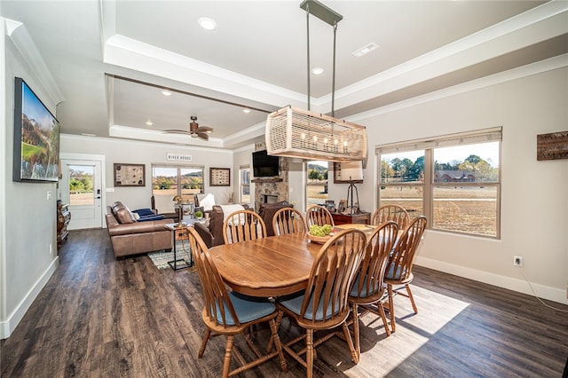 dining room featuring a stone fireplace, dark hardwood / wood-style floors, a tray ceiling, and ceiling fan