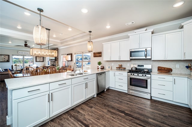 kitchen with kitchen peninsula, stainless steel appliances, sink, decorative light fixtures, and white cabinets