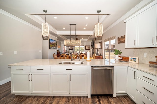 114 Ledgewood, Berryville, AR 72616 - kitchen featuring stainless steel dishwasher, a sink, a peninsula, ornamental molding, and white cabinets