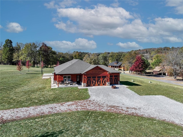 log-style house with a front lawn