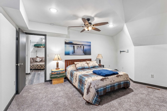 carpeted bedroom with ceiling fan