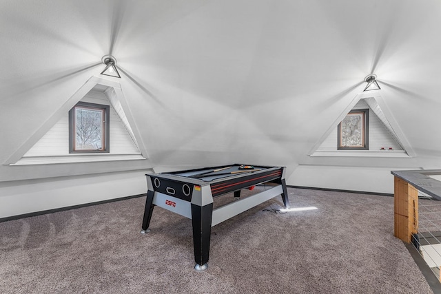 game room featuring lofted ceiling and carpet floors