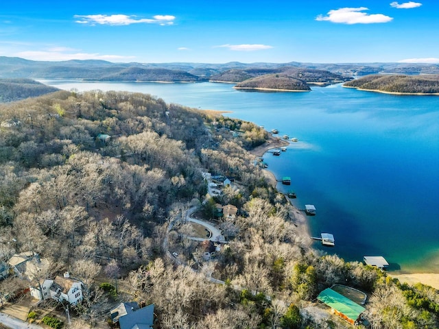 drone / aerial view featuring a water and mountain view