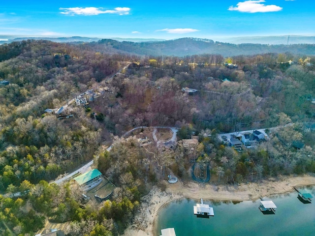 drone / aerial view with a water and mountain view