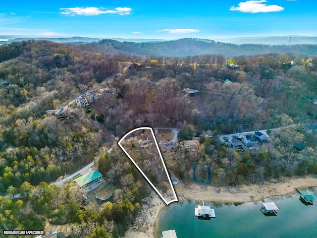 drone / aerial view featuring a water and mountain view