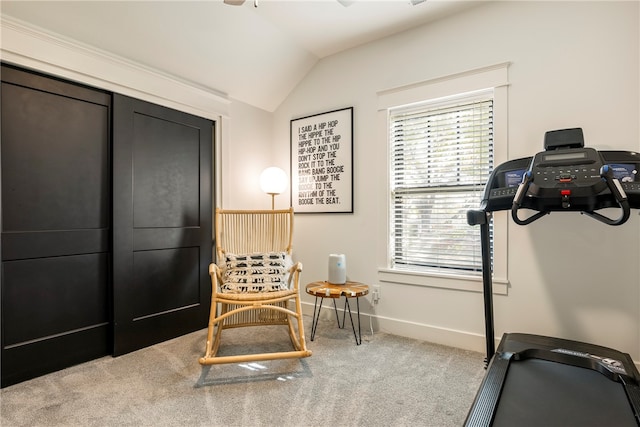 workout area with lofted ceiling and carpet