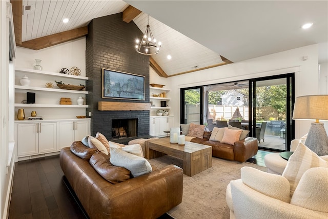 living room featuring light wood-type flooring, a fireplace, lofted ceiling with beams, wooden ceiling, and built in shelves