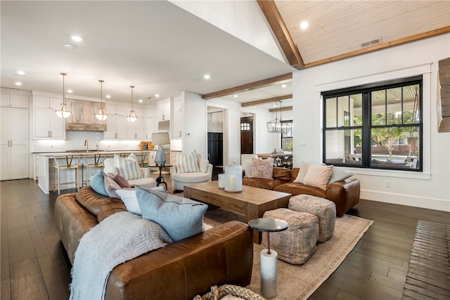 living room with sink, lofted ceiling with beams, and dark hardwood / wood-style floors