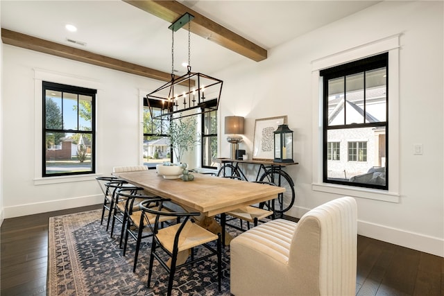 dining room featuring beam ceiling, a chandelier, and dark hardwood / wood-style flooring