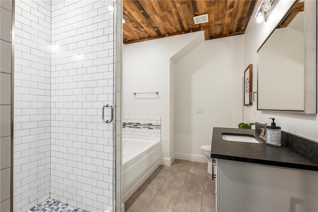 full bathroom with vanity, wood ceiling, toilet, and plus walk in shower