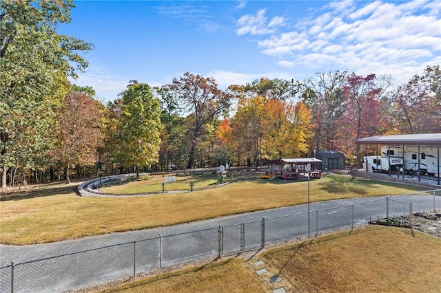 view of yard with a storage shed