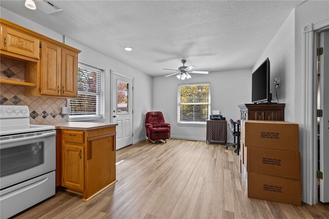 kitchen with light hardwood / wood-style flooring, white range with electric stovetop, and a wealth of natural light