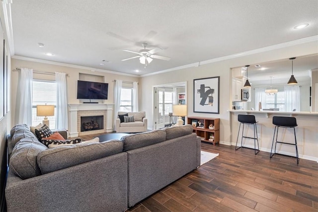 living room with ceiling fan, dark hardwood / wood-style floors, a fireplace, ornamental molding, and a textured ceiling