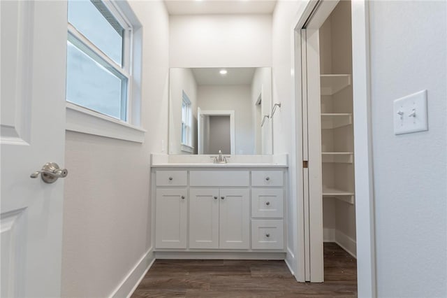 bathroom with hardwood / wood-style flooring and vanity