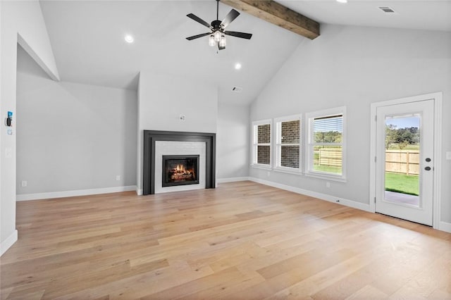 unfurnished living room with beam ceiling, ceiling fan, light hardwood / wood-style flooring, and high vaulted ceiling