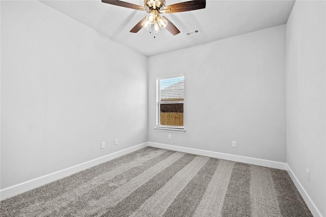 empty room featuring ceiling fan and carpet