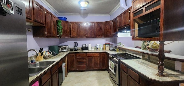 kitchen with sink, dark brown cabinetry, stainless steel appliances, crown molding, and a textured ceiling