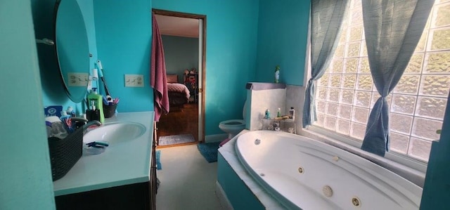 bathroom with toilet, sink, and a bath