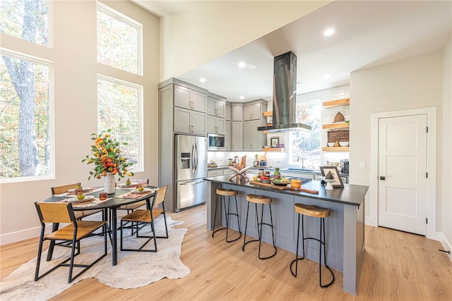 kitchen featuring appliances with stainless steel finishes, gray cabinetry, island range hood, and light hardwood / wood-style flooring