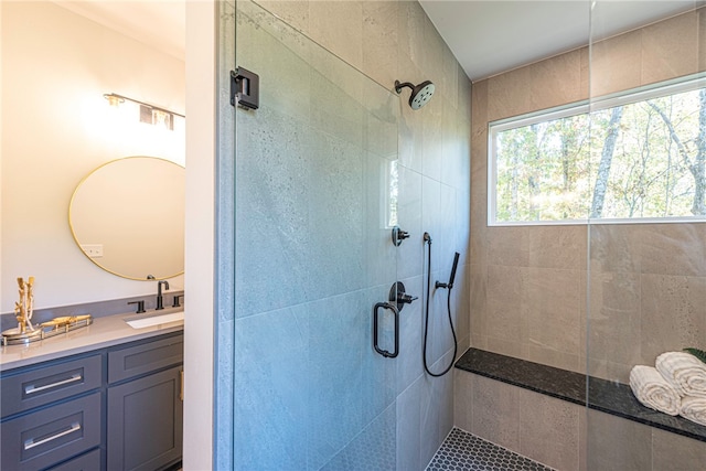 bathroom featuring vanity and a shower with shower door