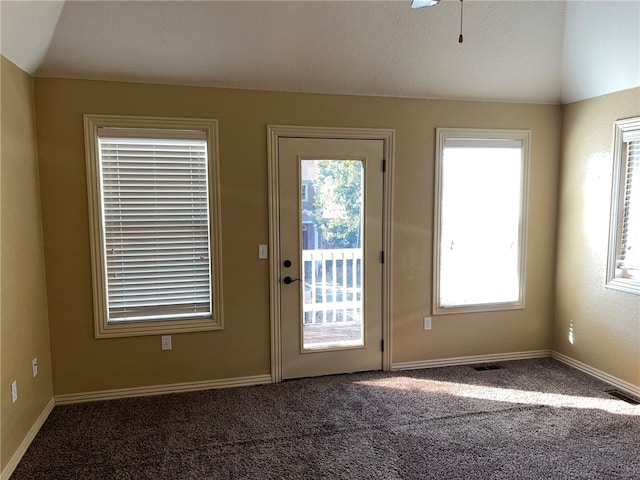 entryway featuring vaulted ceiling, a wealth of natural light, and dark carpet