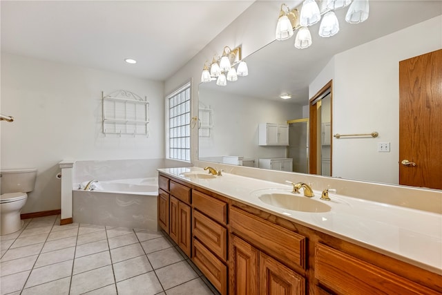 full bathroom with tile patterned flooring, separate shower and tub, a chandelier, toilet, and vanity