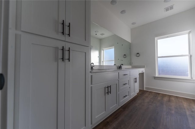 bathroom with vanity and hardwood / wood-style flooring