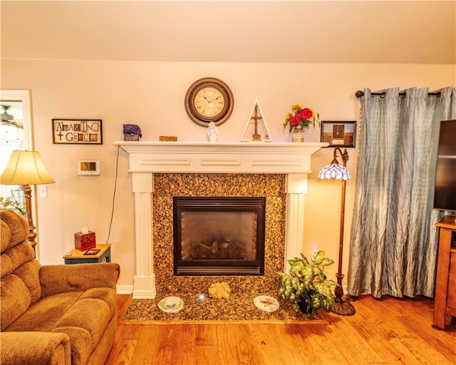 interior space featuring hardwood / wood-style floors and a fireplace