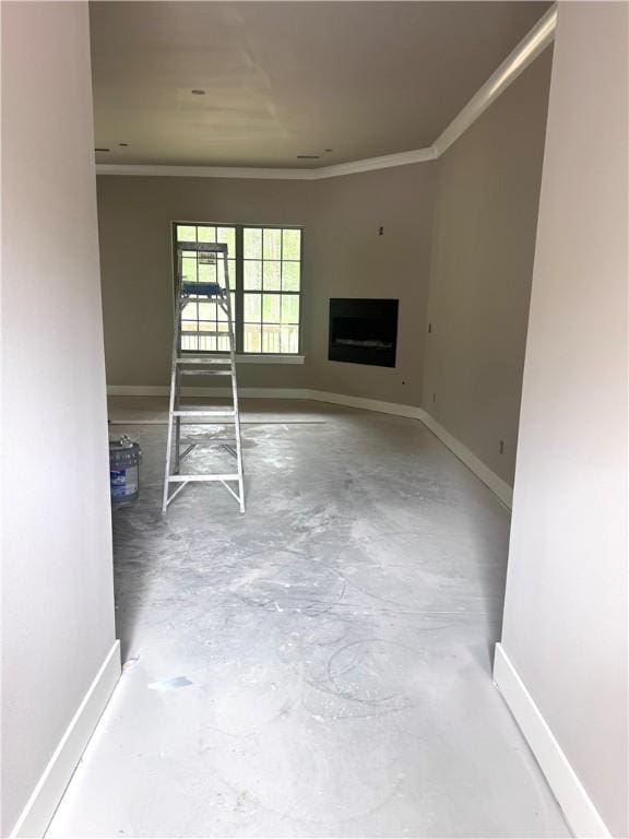 9306 Pleasant Valley Rd, Gentry, AR 72734 - unfurnished living room featuring crown molding, baseboards, unfinished concrete flooring, and a fireplace
