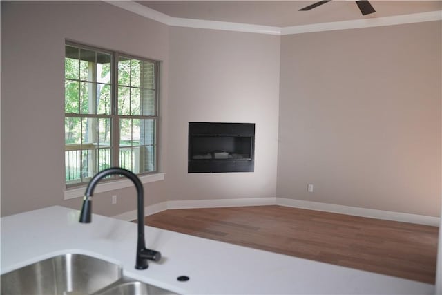 9306 Pleasant Valley Rd, Gentry, AR 72734 - kitchen view of wood finished floors, a sink, a ceiling fan, baseboards, and crown molding