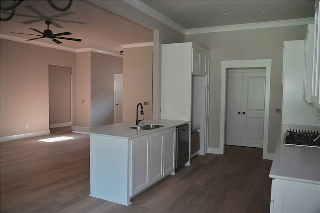 9306 Pleasant Valley Rd, Gentry, AR 72734 - kitchen with a sink, ceiling fan, wood finished floors, white cabinets, and light countertops