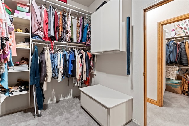 walk in closet featuring light colored carpet