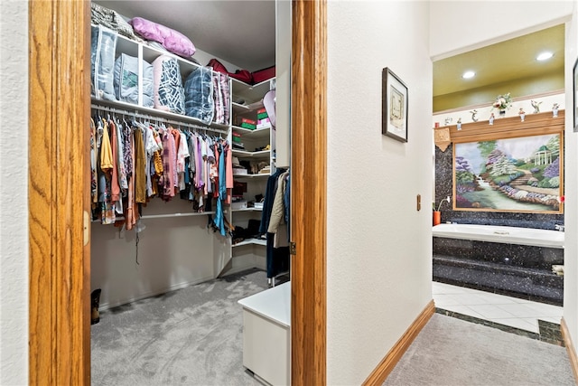 spacious closet featuring light colored carpet