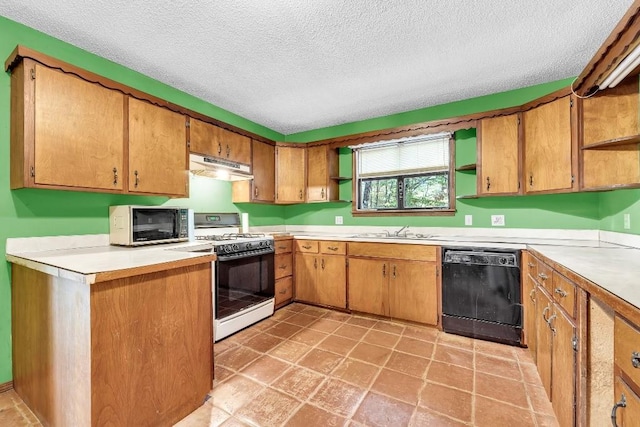 kitchen with open shelves, a sink, gas range oven, under cabinet range hood, and dishwasher