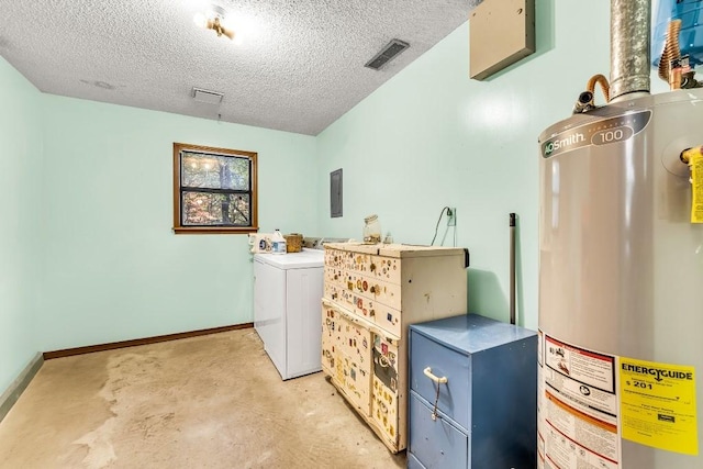 clothes washing area with visible vents, gas water heater, laundry area, washer / clothes dryer, and a textured ceiling