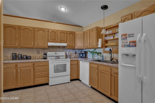 kitchen featuring white appliances, decorative backsplash, sink, and pendant lighting